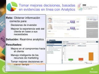 Tomar mejores decisiones, basadas
             en evidencias en línea con Analytics

Reto: Obtener información
  correcta para:
    Decisiones de inversión
    Mejorar la experiencia web del
      cliente en base a sus
      necesidades

Solución: Real-time analytics
Resultados:
    Mejora en el compromiso hacia
      el cliente
    Manejo inteligente de los
      recursos de marketing
     Tomar mejores decisiones en
 http://www.youtube.com/watch?v=2y-jqJjhSIw
         menor tiempo
                                                    20
 