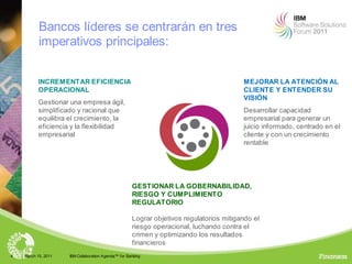 Bancos líderes se centrarán en tres
           imperativos principales:


          INCREMENTAR EFICIENCIA                                                          MEJORAR LA ATENCIÓN AL
          OPERACIONAL                                                                     CLIENTE Y ENTENDER SU
                                                                                          VISIÓN
          Gestionar una empresa ágil,
          simplificado y racional que                                                     Desarrollar capacidad
          equilibra el crecimiento, la                                                    empresarial para generar un
          eficiencia y la flexibilidad                                                    juicio informado, centrado en el
          empresarial                                                                     cliente y con un crecimiento
                                                                                          rentable




                                                      GESTIONAR LA GOBERNABILIDAD,
                                                      RIESGO Y CUMPLIMIENTO
                                                      REGULATORIO

                                                      Lograr objetivos regulatorios mitigando el
                                                      riesgo operacional, luchando contra el
                                                      crimen y optimizando los resultados
                                                      financieros
4   March 15, 2011   IBM Collaboration Agenda™ f or Banking
 