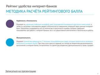 Записаться на презентацию 
Надёжность и безопасность 
Отражает то, насколько стабильно интерфейс дает пользователю возможность достигать своих целей, а также то, насколько пользователь уверен в безопасности совершения операций через данный интернет- банк. Показатель складывается как из количества и критичности ошибок, которые совершает пользователь при работе с интернет-банком, так и из субъективного впечатления о безопасности работы. 
Функциональность 
Отражает количество операций из 7 типичных пользовательских задач, которые теоретически возможно выполнить в интернет-банке. При этом, если одно из заданий, не смотря на теоретическую возможность выполнения в интернет-банке, не выполнено ни одним респондентом, функциональность также страдает. 
29 
Рейтинг удобства интернет-банков 
МЕТОДИКА РАСЧЁТА РЕЙТИНГОВОГО БАЛЛА  