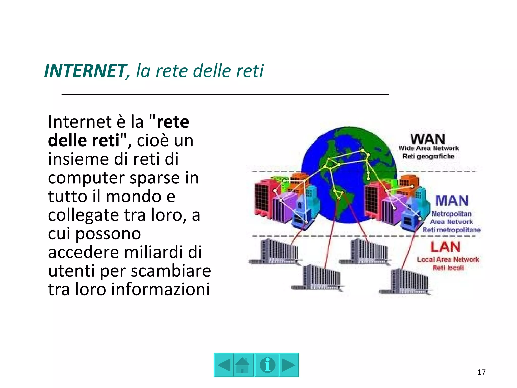 INTERNET, la rete delle reti

Internet è la "rete
delle reti", cioè un
insieme di reti di
computer sparse in
tutto il mondo e
collegate tra loro, a
cui possono
accedere miliardi di
utenti per scambiare
tra loro informazioni



                               17
 