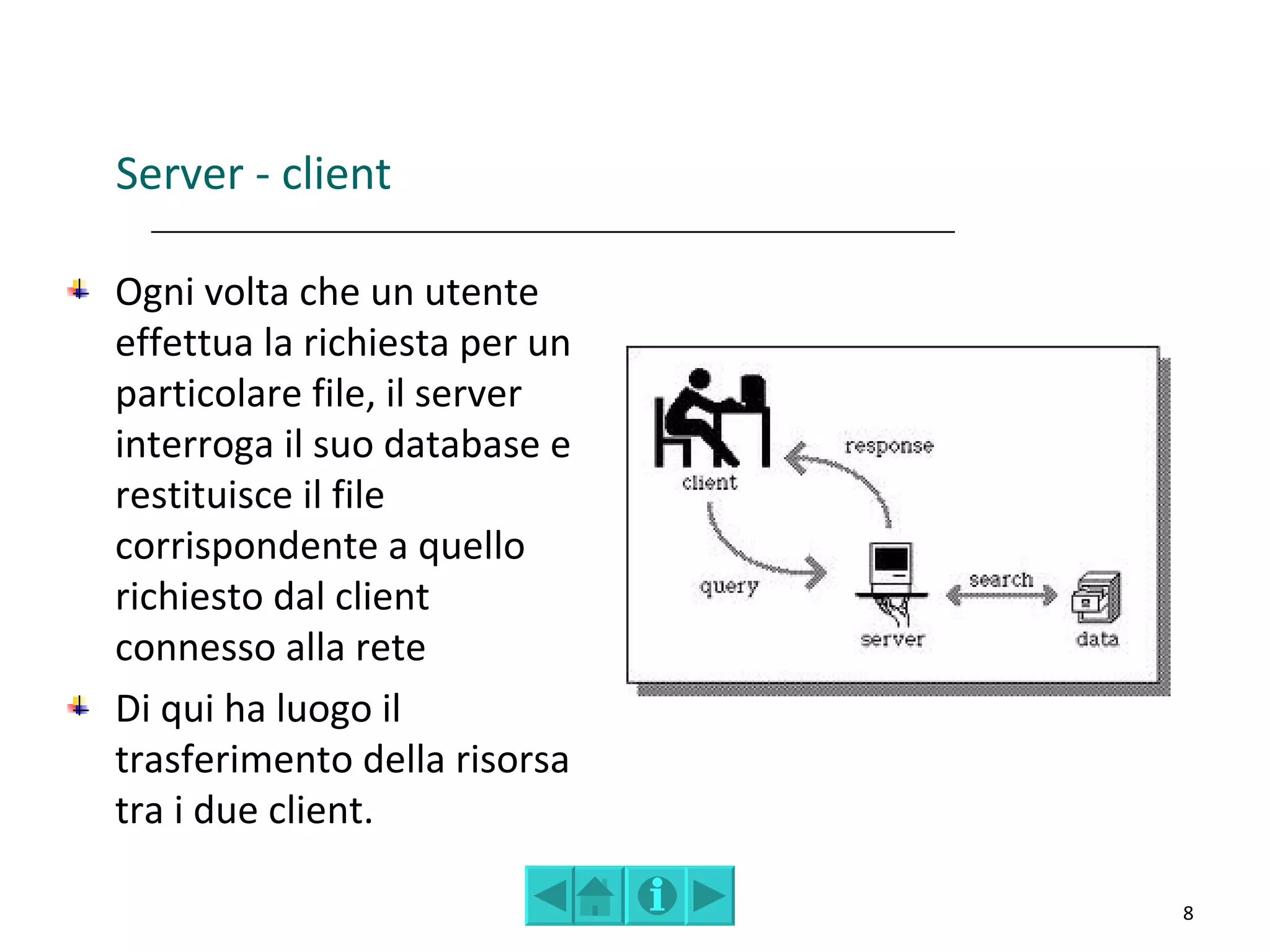 Server - client

Ogni volta che un utente
effettua la richiesta per un
particolare file, il server
interroga il suo database e
restituisce il file
corrispondente a quello
richiesto dal client
connesso alla rete
Di qui ha luogo il
trasferimento della risorsa
tra i due client.

                               8
 
