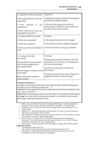 Computer Education           16
                                                                           Internet Basic




   1. Barker, Joe, and Saifon Obromsook. Evaluating Web Pages: Techniques to Apply &
      Questions to Ask. (Library, University of California—Berkeley, 11 August 2009)
   2. Henderson, John R. The ICYouSee Critical Thinking Guide. (Ithaca College, NY; 26
      August 2009)
   3. Kapoun, Jim. “Teaching Undergrads WEB Evaluation: A Guide for Library Instruction.”
      C&RL News (July/August 1998): 522-523.
   4. Kirk, Elizabeth E. Evaluating Information Found on the Internet. (The Sheridan Libraries,
      Johns Hopkins University; 1996 copyright date).
   5. Smith, Alastair G. “Testing the Surf: Criteria for Evaluating Internet Information
      Resources.” The Public-Access Computer Systems Review 8, no. 3 (1997). (Victoria
      University of Wellington, NZ; 1997 copyright date)
   6. Tillman, Hope. Evaluating Quality on the Net. (Babson College, MA; 28 March 2003)
Suggested readings
   1. 1.Webpage evaluation check list
      http://www.lib.berkeley.edu/TeachingLib/Guides/Internet/EvalForm.pdf
   2. Yahooligans! - Evaluating Web Sites Guide to evaluating sites by the “Four A‟s” -
      Accessible, Accurate, Appropriate, and Appealing.
 