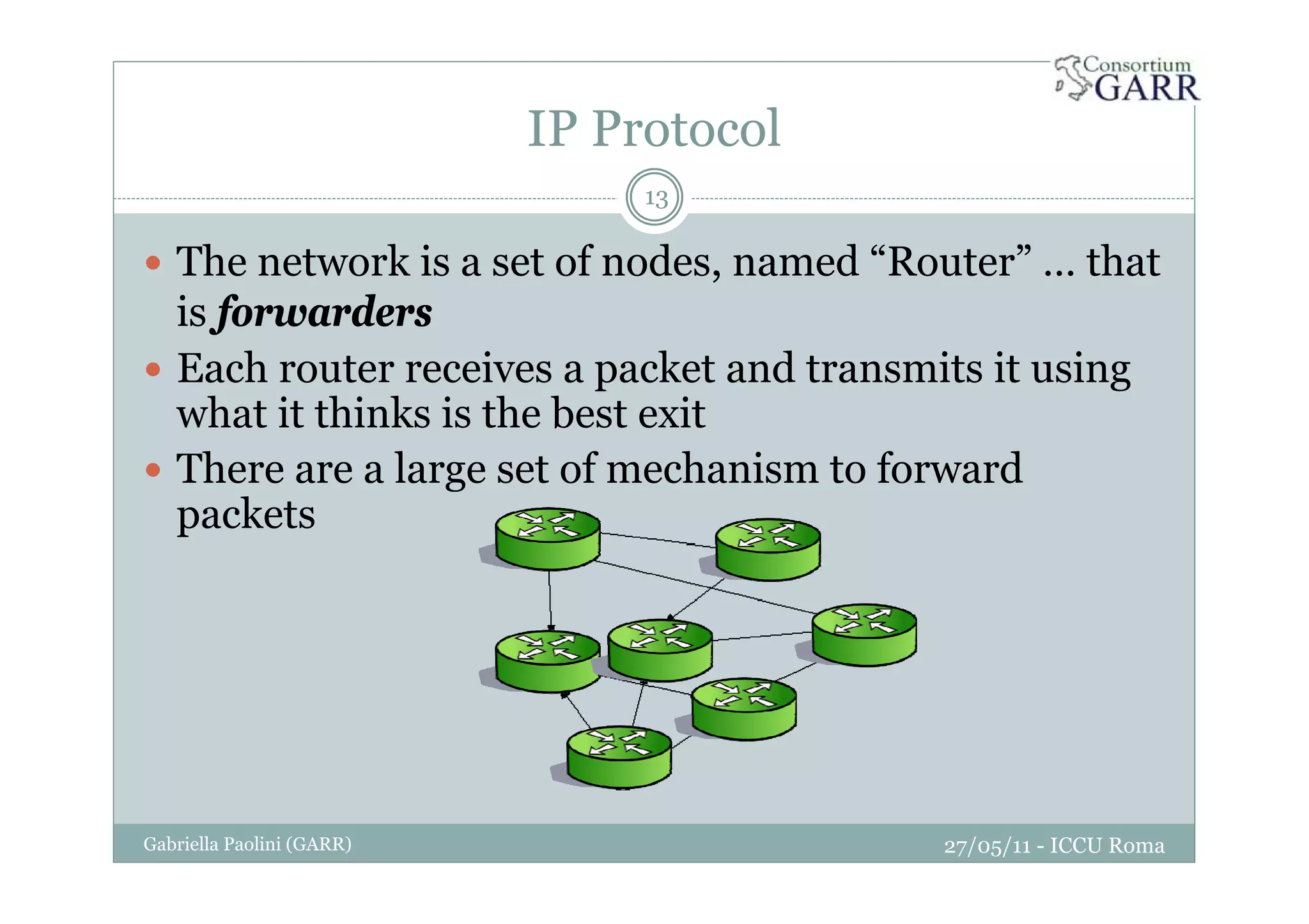 IP Protocol
27/05/11 - ICCU RomaGabriella Paolini (GARR)
13
The network is a set of nodes, named “Router” … that
is forwarders
Each router receives a packet and transmits it using
what it thinks is the best exit
There are a large set of mechanism to forward
packets
 