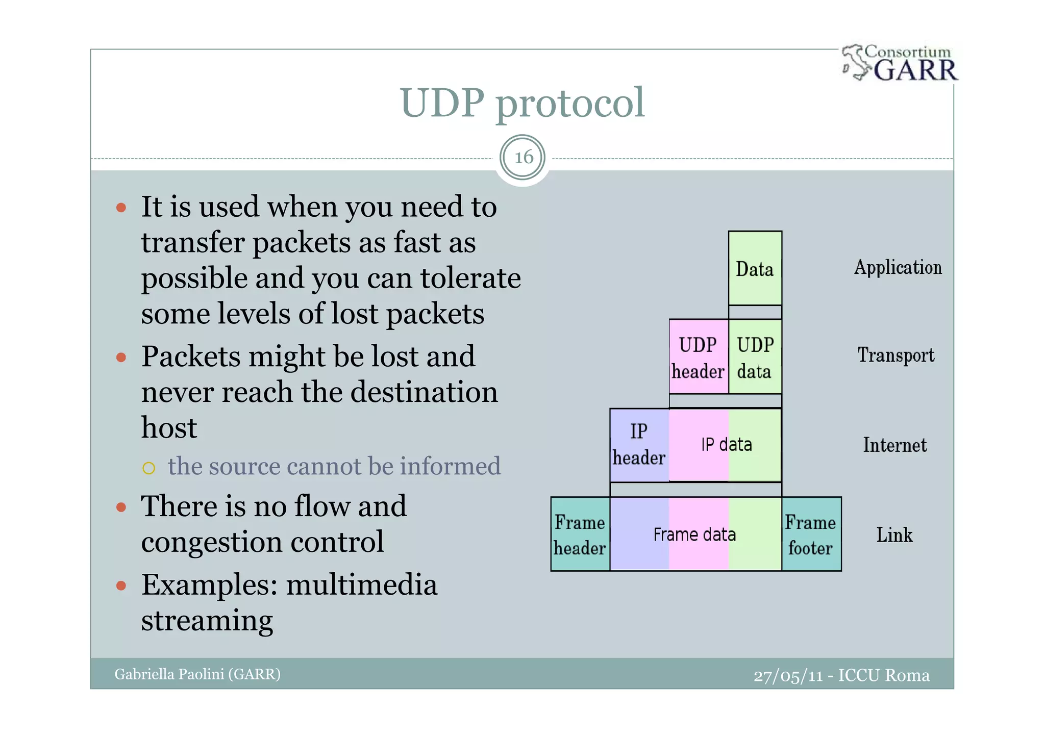 UDP protocol
27/05/11 - ICCU RomaGabriella Paolini (GARR)
16
It is used when you need to
transfer packets as fast as
possible and you can tolerate
some levels of lost packets
Packets might be lost and
never reach the destination
host
the source cannot be informed
There is no flow and
congestion control
Examples: multimedia
streaming
 