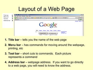 Layout of a Web Page
1. Title bar – tells you the name of the web page
2. Menu bar – has commands for moving around the webpage,
printing, etc
3. Tool bar – short cuts to commands. Each picture
represents a command
4. Address bar – webpage address. If you want to go directly
to a web page, you will need to know the address.
 