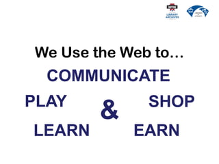 We Use the Web to…
SHOP
COMMUNICATE
LEARN
PLAY
EARN
&
 