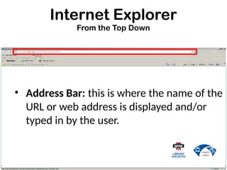 Internet Explorer
From the Top Down
• Address Bar: this is where the name of the
URL or web address is displayed and/or
typed in by the user.
 