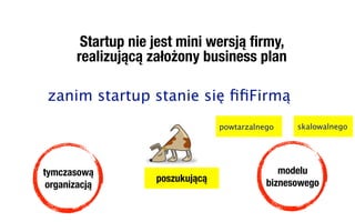 Startup nie jest mini wersją ﬁrmy,
       realizującą założony business plan

 zanim startup stanie się ﬁﬁFirmą
                                  powtarzalnego    skalowalnego




tymczasową                                      modelu
                    poszukującą              biznesowego
 organizacją
 