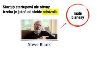Startup startupowi nie równy,
trzeba je jakoś od siebie odróżnić.    małe
                                      biznesy




                Steve Blank
 