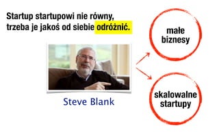 Startup startupowi nie równy,
trzeba je jakoś od siebie odróżnić.     małe
                                       biznesy




                                      skalowalne
                Steve Blank            startupy
 