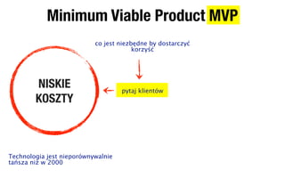 Minimum Viable Product MVP
                           co jest niezbędne by dostarczyć
                                        korzyść




        NISKIE                      pytaj klientów
        KOSZTY



Technologia jest nieporównywalnie
tańsza niż w 2000
 
