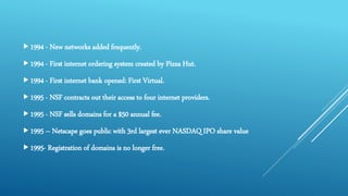 1994 - New networks added frequently.
1994 - First internet ordering system created by Pizza Hut.
1994 - First internet bank opened: First Virtual.
1995 - NSF contracts out their access to four internet providers.
1995 - NSF sells domains for a $50 annual fee.
1995 – Netscape goes public with 3rd largest ever NASDAQ IPO share value
1995- Registration of domains is no longer free.
 