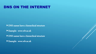 DNS ON THE INTERNET
DNS names have a hierarchical structure
Example: www.wlv.ac.uk
DNS names have a hierarchical structure
Example: www.wlv.ac.uk
 