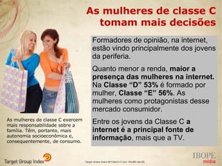 Rede social para microempreendedores
                          Formadores de opinião, na internet,
                          estão vindo principalmente dos jovens
                          da periferia.
                          Quanto menor a renda, maior a
                          presença das mulheres na internet.
                          Na Classe “D” 53% é formado por
                          mulher, Classe “E” 56%. As
                          mulheres como protagonistas desse
                          mercado consumidor.
                          Entre os jovens da Classe C a
                          internet é a principal fonte de
                          informação, mais que a TV.
 
