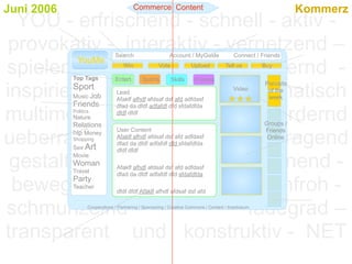 Juni 2006                                 Commerce Content                                                       Kommerz
  YOU - erfrischend - schnell - aktiv -
 provokativ - interaktiv - vernetzend –
                                Search                     Account / MyGuide              Connect / Friends
         YouMe
spielend – wachsam - auffordernd -
            Top Tags
                                    Win

                                Entert.      Sports
                                                     Vote

                                                            Skills
                                                                     Upload

                                                                       Friends
                                                                                      Tell us        Buy




inspirierend - relaxed - charismatisch
                                                                                                     Portraits
        Sport                                                                             Video       of the
                                 Lead
            Music Job            Afaklf afhdf afdsaf dsf afd adfdasf                                  week
            Friends
multimedial - fördernd - ME - fordernd
                                 dfad da dfdf adfafdf dfd sfdafdfda
            Politics             dfdf dfdf
            Nature
            Relations                                                                                Groups /


ueberraschend         - hinterfragend
                                 User Content                                                        Friends
            hip Money
            Shopping             Afaklf afhdf afdsaf dsf afd adfdasf                                  Online
                                 dfad da dfdf adfafdf dfd sfdafdfda
          Art
            Sex                  dfdf dfdf

 gestaltend - digital - lernend -
            Movie
            Woman                Afaklf afhdf afdsaf dsf afd adfdasf
            Travel
                                 dfad da dfdf adfafdf dfd sfdafdfda

 bewegend - wachsend - farbenfroh -
            Party
            Teacher
                                 dfdf dfdf Afaklf afhdf afdsaf dsf afd


schmunzelnd         –        fadegrad –
                   Cooperations / Partnering / Sponsoring / Creative Commons / Contact / Impressum




transparent und konstruktiv - NET
 