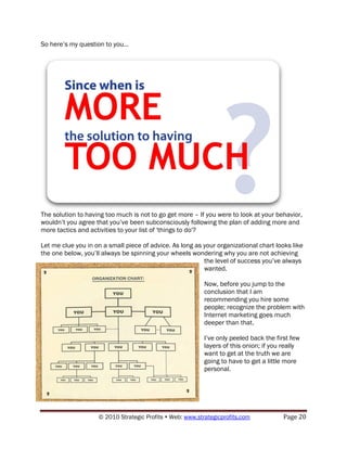 So here‟s my question to you…




The solution to having too much is not to go get more – If you were to look at your behavior,
wouldn‟t you agree that you‟ve been subconsciously following the plan of adding more and
more tactics and activities to your list of 'things to do'?

Let me clue you in on a small piece of advice. As long as your organizational chart looks like
the one below, you‟ll always be spinning your wheels wondering why you are not achieving
                                                          the level of success you‟ve always
                                                          wanted.

                                                           Now, before you jump to the
                                                           conclusion that I am
                                                           recommending you hire some
                                                           people; recognize the problem with
                                                           Internet marketing goes much
                                                           deeper than that.

                                                           I‟ve only peeled back the first few
                                                           layers of this onion; if you really
                                                           want to get at the truth we are
                                                           going to have to get a little more
                                                           personal.




                    © 2010 Strategic Profits  Web: www.strategicprofits.com           Page 20
 