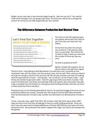Alright, so you now have a new financial target to get to. How can you do it? You need to
make some changes if you are going to get there, and what you need to do is change the
amount of money you are able to generate per hour worked.




        The Difference Between Productive And Wasted Time

                                                          The chart on the left is going to give
                                                          you greater clarity about the value of
                                                          your time than you have ever had
                                                          before.

                                                          On the first line enter the amount
                                                          you arrived at in the previous slide
                                                          (your current step). Then fill out the
                                                          number of days a week you work and
                                                          the number of hours per day you
                                                          work.

                                                          So what is productive time?

                                                          Before I answer the question, let me
                                                          tell you about a tip I got from a good
friend of mine. I was talking to Alex Mandossian one afternoon and I remarked at how
impressed I was with his output, and how envious I was. And he said “Rich, what you need to
do is go out and get a kitchen timer and set it for 60 minutes and then just work on building
profit during those 60 minutes – nothing else.” Let me tell you, at first it wasn‟t easy – I got
thirsty and wanted to get some water, I had the urge to go online and check my stats, I had
to go to the bathroom, and there were all these little interruptions. But eventually I was able
to go a complete hour full throttle on nothing but profit building activities. And that my friend
is what productive time is all about.

Productive time is time directly generated to income. So what percentage of the time are you
productive? Before you answer, consider this: One study of Fortune 500 CEOs estimated
they had 28 productive minutes a day. Another one estimated it at 38 productive minutes a
day.

I know, it sounds crazy, right? Only 28 or 38 minutes a day? But think about what a CEO
does and how much time they actually get to focus on profit building activities. Since you
don‟t have the same level of responsibilities as a Fortune 500 CEO you can have a lot more
productive time. But productive time doesn‟t appear like magic, you have to be focused and
disciplined.

                     © 2010 Strategic Profits  Web: www.strategicprofits.com           Page 25
 