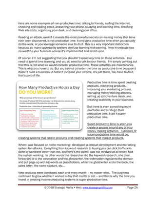 Here are some examples of non-productive time; talking to friends, surfing the Internet,
checking and reading email, answering your phone, studying and learning time, checking
Web site stats, organizing your desk, and cleaning your office.

Reading an eBook, even if it reveals the most powerful secrets on making money that have
ever been discovered, is not productive time. It only gets productive time when you actually
do the work, or you leverage someone else to do it. This is a very important distinction
because so many opportunity seekers confuse learning with earning. New knowledge has
no worth to your business unless it‟s implemented and acted upon.

Of course, I‟m not suggesting that you shouldn‟t spend any time on these activities. You
need to spend time learning, and you do need to talk to your friends. I‟m simply pointing out
that this is not what we would consider productive time. These activities are maintenance.
This is what you have to do. But you cannot consider the time as productive time because it
doesn‟t build a business, it doesn‟t increase your income, it‟s just there. You have to do it,
that‟s part of life.

                                                       Productive time is time spent creating
                                                       products, marketing products,
                                                       improving your marketing process,
                                                       managing money making projects,
                                                       setting up joint venture deals, and
                                                       creating scalability in your business.

                                                       But there is even something more
                                                       profitable and strategic than
                                                       productive time, I call it super-
                                                       productive time.

                                                     Super-productive time is when you
                                                     create a system around any of your
                                                     money making activities. Examples of
                                                     super-productive time would be:
creating systems that create products and creating systems that market products.

When I was focused on niche marketing I developed a product development and marketing
system for eBooks. Everything from keyword research to buying pay per click traffic was
done by someone other than me, and here‟s the point I was not involved at all once I had
the system working. In other words the researcher did the keyword research, she then
forwarded it to the webmaster and the ghostwriter, the webmaster registered the domain
and put page up with keywords as placeholders, while the ghostwriter wrote the book, the
sales letter, the name capture, etc…

New products were developed each and every month – no matter what. The business
continued to grow whether I worked a day that month or not – and that is why the time you
invest in creating income producing systems is super-productive time.

                    © 2010 Strategic Profits  Web: www.strategicprofits.com          Page 26
 