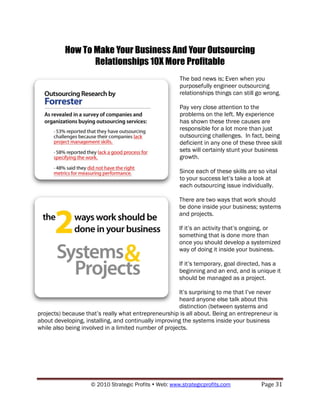 How To Make Your Business And Your Outsourcing
                 Relationships 10X More Profitable
                                                       The bad news is; Even when you
                                                       purposefully engineer outsourcing
                                                       relationships things can still go wrong.

                                                       Pay very close attention to the
                                                       problems on the left. My experience
                                                       has shown these three causes are
                                                       responsible for a lot more than just
                                                       outsourcing challenges. In fact, being
                                                       deficient in any one of these three skill
                                                       sets will certainly stunt your business
                                                       growth.

                                                       Since each of these skills are so vital
                                                       to your success let‟s take a look at
                                                       each outsourcing issue individually.

                                                       There are two ways that work should
                                                       be done inside your business; systems
                                                       and projects.

                                                       If it‟s an activity that‟s ongoing, or
                                                       something that is done more than
                                                       once you should develop a systemized
                                                       way of doing it inside your business.

                                                       If it‟s temporary, goal directed, has a
                                                       beginning and an end, and is unique it
                                                       should be managed as a project.

                                                      It‟s surprising to me that I‟ve never
                                                      heard anyone else talk about this
                                                      distinction (between systems and
projects) because that‟s really what entrepreneurship is all about. Being an entrepreneur is
about developing, installing, and continually improving the systems inside your business
while also being involved in a limited number of projects.




                    © 2010 Strategic Profits  Web: www.strategicprofits.com           Page 31
 