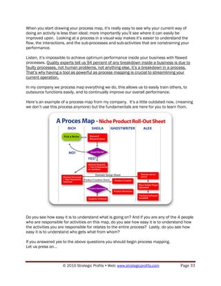 When you start drawing your process map, it‟s really easy to see why your current way of
doing an activity is less than ideal; more importantly you‟ll see where it can easily be
improved upon. Looking at a process in a visual way makes it‟s easier to understand the
flow, the interactions, and the sub-processes and sub-activities that are constraining your
performance.

Listen, it‟s impossible to achieve optimum performance inside your business with flawed
processes. Quality experts tell us 94 percent of any breakdown inside a business is due to
faulty processes, not human problems, not anything else, it‟s a breakdown in a process.
That‟s why having a tool as powerful as process mapping is crucial to streamlining your
current operation.

In my company we process map everything we do, this allows us to easily train others, to
outsource functions easily, and to continually improve our overall performance.

Here‟s an example of a process map from my company. It‟s a little outdated now, (meaning
we don‟t use this process anymore) but the fundamentals are here for you to learn from.




Do you see how easy it is to understand what is going on? And if you are any of the 4 people
who are responsible for activities on this map, do you see how easy it is to understand how
the activities you are responsible for relates to the entire process? Lastly, do you see how
easy it is to understand who gets what from whom?

If you answered yes to the above questions you should begin process mapping.
Let us press on…



                    © 2010 Strategic Profits  Web: www.strategicprofits.com          Page 33
 
