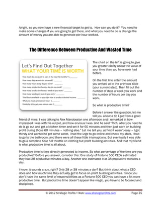 Alright, so you now have a new financial target to get to. How can you do it? You need to
make some changes if you are going to get there, and what you need to do is change the
amount of money you are able to generate per hour worked.



        The Difference Between Productive And Wasted Time

                                                          The chart on the left is going to give
                                                          you greater clarity about the value of
                                                          your time than you have ever had
                                                          before.

                                                          On the first line enter the amount
                                                          you arrived at in the previous slide
                                                          (your current step). Then fill out the
                                                          number of days a week you work and
                                                          the number of hours per day you
                                                          work.

                                                          So what is productive time?

                                                          Before I answer the question, let me
                                                          tell you about a tip I got from a good
friend of mine. I was talking to Alex Mandossian one afternoon and I remarked at how
impressed I was with his output, and how envious I was. And he said “Rich, what you need to
do is go out and get a kitchen timer and set it for 60 minutes and then just work on building
profit during those 60 minutes – nothing else.” Let me tell you, at first it wasn’t easy – I got
thirsty and wanted to get some water, I had the urge to go online and check my stats, I had
to go to the bathroom, and there were all these little interruptions. But eventually I was able
to go a complete hour full throttle on nothing but profit building activities. And that my friend
is what productive time is all about.

Productive time is time directly generated to income. So what percentage of the time are you
productive? Before you answer, consider this: One study of Fortune 500 CEOs estimated
they had 28 productive minutes a day. Another one estimated it at 38 productive minutes a
day.

I know, it sounds crazy, right? Only 28 or 38 minutes a day? But think about what a CEO
does and how much time they actually get to focus on profit building activities. Since you
don’t have the same level of responsibilities as a Fortune 500 CEO you can have a lot more
productive time. But productive time doesn’t appear like magic, you have to be focused and
disciplined.

                     © 2012 Strategic Profits ! Web: www.strategicprofits.com !         Page!25!
 
