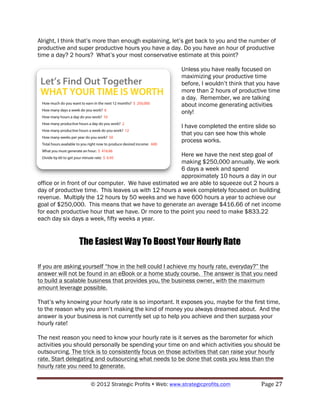 Alright, I think that’s more than enough explaining, let’s get back to you and the number of
productive and super productive hours you have a day. Do you have an hour of productive
time a day? 2 hours? What’s your most conservative estimate at this point?

                                                        Unless you have really focused on
                                                        maximizing your productive time
                                                        before, I wouldn’t think that you have
                                                        more than 2 hours of productive time
                                                        a day. Remember, we are talking
                                                        about income generating activities
                                                        only!

                                                        I have completed the entire slide so
                                                        that you can see how this whole
                                                        process works.

                                                      Here we have the next step goal of
                                                      making $250,000 annually. We work
                                                      6 days a week and spend
                                                      approximately 10 hours a day in our
office or in front of our computer. We have estimated we are able to squeeze out 2 hours a
day of productive time. This leaves us with 12 hours a week completely focused on building
revenue. Multiply the 12 hours by 50 weeks and we have 600 hours a year to achieve our
goal of $250,000. This means that we have to generate an average $416.66 of net income
for each productive hour that we have. Or more to the point you need to make $833.22
each day six days a week, fifty weeks a year.


                The Easiest Way To Boost Your Hourly Rate

If you are asking yourself “how in the hell could I achieve my hourly rate, everyday?” the
answer will not be found in an eBook or a home study course. The answer is that you need
to build a scalable business that provides you, the business owner, with the maximum
amount leverage possible.

That’s why knowing your hourly rate is so important. It exposes you, maybe for the first time,
to the reason why you aren’t making the kind of money you always dreamed about. And the
answer is your business is not currently set up to help you achieve and then surpass your
hourly rate!

The next reason you need to know your hourly rate is it serves as the barometer for which
activities you should personally be spending your time on and which activities you should be
outsourcing. The trick is to consistently focus on those activities that can raise your hourly
rate. Start delegating and outsourcing what needs to be done that costs you less than the
hourly rate you need to generate.

                    © 2012 Strategic Profits ! Web: www.strategicprofits.com !        Page!27!
 
