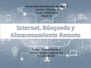 Universidad Bicentenaria de Aragua
Carrera: Psicología
Curso: Informática
Nivel: III
Tutora: Ysabel Sánchez
Autora: Daniela López Parra
C.I. 26.720.461
 