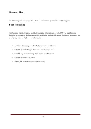 Financial Plan


The following sections lay out the details of our financial plan for the next three years.

Start-up Funding


This business plan is prepared to obtain financing in the amount of $24,000. The supplemental
financing is required to begin work on site preparation and modifications, equipment purchases, and
to cover expenses in the first year of operations.



            Additional financing has already been secured as follows:

            $24,000 from the Oregon Economic Development Fund

            $19,000 of personal savings from owner Cale Bruckner

            $36,000 from three investors

            and $9,290 in the form of short-term loans




                                                                                                   30     
   
 