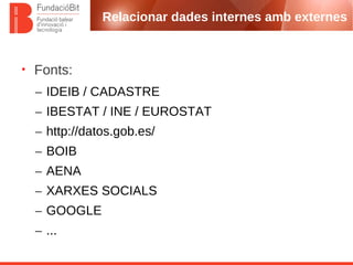 Relacionar dades internes amb externes
• Fonts:
– IDEIB / CADASTRE
– IBESTAT / INE / EUROSTAT
– http://datos.gob.es/
– BOI...