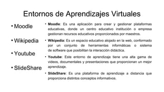 Entornos de Aprendizajes Virtuales
• Moodle
• Wikipedia
• Youtube
• SlideShare
• Moodle: Es una aplicación para crear y gestionar plataformas
educativas, donde un centro educativo institución o empresa
gestionan recursos educativos proporcionados por maestros.
• Wikipedia: Es un espacio educativo alojado en la web, conformado
por un conjunto de herramientas informáticas o sistema
de software que posibilitan la interacción didáctica.
• Youtube: Este entorno de aprendizaje tiene una alta gama de
videos, documentales y presentaciones que proporcionan un mejor
aprendizaje.
• SlideShare: Es una plataforma de aprendizaje a distancia que
proporciona distintos conceptos informativos.
 