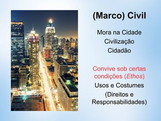 (Marco) Civil
Mora na Cidade
Civilização
Cidadão
Convive sob certas
condições (Ethos)
Usos e Costumes
(Direitos e
Responsabilidades)
 