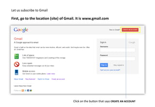 Let us subscribe to Gmail

First, go to the location (site) of Gmail. It is www.gmail.com




                                       Click on the button that says CREATE AN ACCOUNT
 
