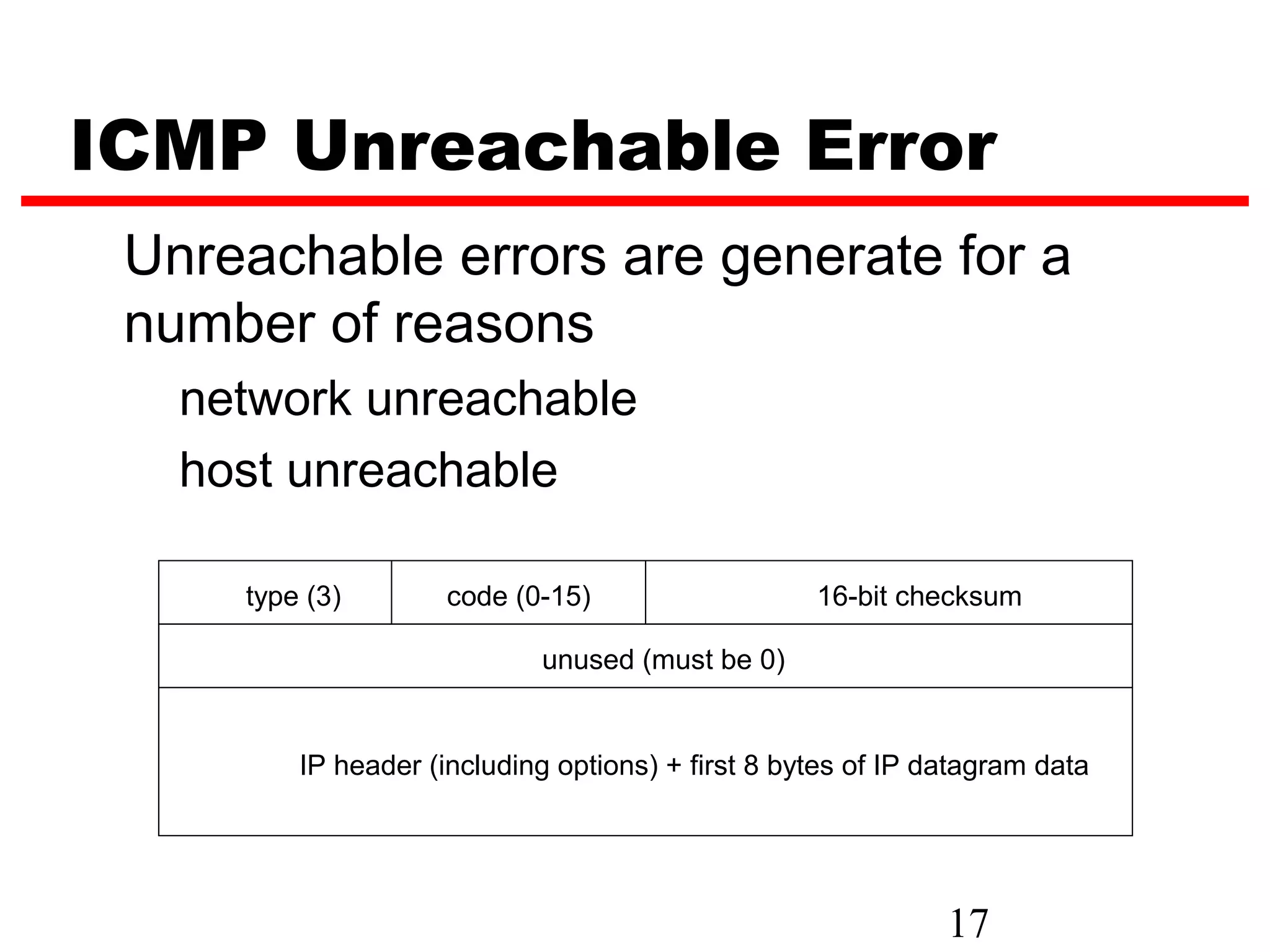ICMP Unreachable Error Unreachable errors are generate for a number of reasons network unreachable host unreachable type (3) code (0-15) 16-bit checksum unused (must be 0) IP header (including options) + first 8 bytes of IP datagram data 17 