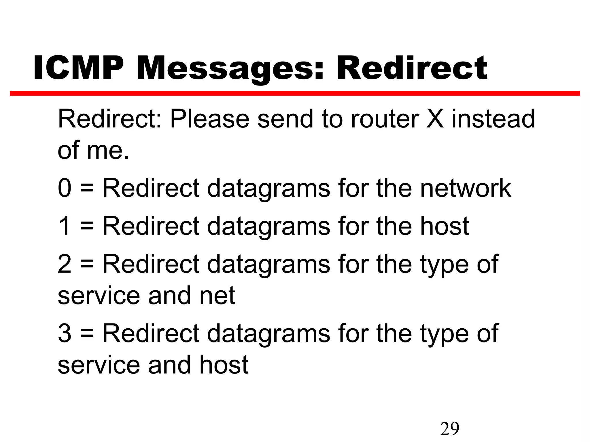 ICMP Messages: Redirect Redirect: Please send to router X instead of me. 0 = Redirect datagrams for the network 1 = Redirect datagrams for the host 2 = Redirect datagrams for the type of service and net 3 = Redirect datagrams for the type of service and host 29 