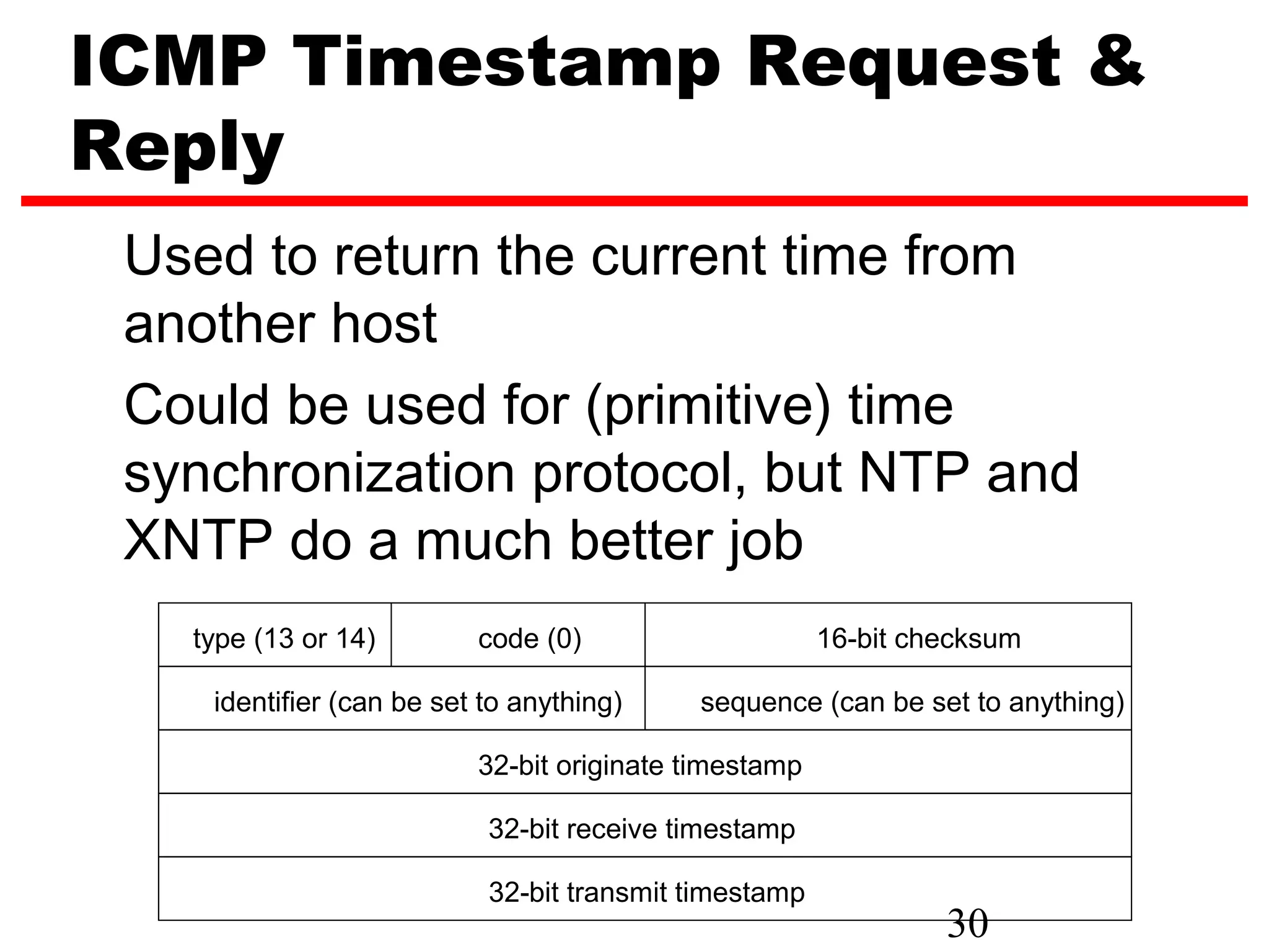 ICMP Timestamp Request & Reply Used to return the current time from another host Could be used for (primitive) time synchronization protocol, but NTP and XNTP do a much better job type (13 or 14) code (0) 16-bit checksum identifier (can be set to anything) sequence (can be set to anything) 32-bit originate timestamp 32-bit receive timestamp 32-bit transmit timestamp 30 