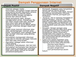 Dampak Penggunaan Internet
Dampak Positif                                Dampak Negatif
    Internet sebagai media                      Pornografi. Anggapan yang mengatakan
     komunikasi, merupakan fungsi internet        bahwa internet identik dengan
     yang paling banyak digunakan dimana          pornografi, memang tidak salah. Dengan
     setiap pengguna internet dapat               kemampuan penyampaian informasi
     berkomunikasi dengan pengguna                yang dimiliki internet, pornografi pun
     lainnya dari seluruh dunia.                  merajalela.
    Media pertukaran data, dengan                Penipuan. Hal ini memang merajalela di
                                                  bidang manapun. Internet pun tidak
     menggunakan email, newsgroup, ftp            luput dari serangan penipu. Cara yang
     dan www (world wide web, jaringan            terbaik adalah tidak mengindahkan hal
     situs-situs web) para pengguna               ini atau mengkonfirmasi informasi yang
     internet di seluruh dunia dapat saling       Anda dapatkan pada penyedia informasi
     bertukar informasi dengan cepat dan          tersebut.
     murah.                                      Perjudian. Dengan jaringan yang
    Media untuk mencari informasi atau           tersedia, para penjudi tidak perlu pergi
     data, perkembangan internet yang             ke tempat khusus untuk memenuhi
     pesat, menjadikan www sebagai salah          keinginannya. Kalian hanya perlu
     satu sumber informasi yang penting           menghindari situs seperti ini, karena
     dan akurat.                                  umumnya situs perjudian tidak agresif
                                                  dan memerlukan banyak persetujuan
    Kemudahan memperoleh informasi               dari pengunjungnya.
     yang ada di internet sehingga manusia
     tahu apa saja yang terjadi.                 Cybercrime adalah kejahatan yang
                                                  dilakukan seseorang dengan sarana
    digunakan sebagai lahan informasi            internet di dunia maya yang bersifat :
     untuk bidang                                 ·       Melintasi batas Negara
     pendidikan, kebudayaan, dan lain-lain.       ·       Perbuatan dilakukan secara ilegal
    Kemudahan bertransaksi dan berbisnis         ·       Kerugian sangat besar
     dalam bidang perdagangan sehingga
     tidak perlu pergi menuju ke tempat           ·       Sulit pembuktiannya secara
                                                  hukum
     penawaran/penjualan.
 
