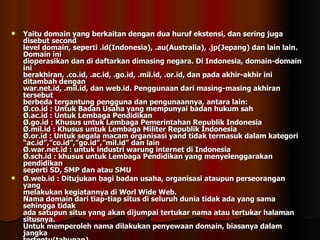 Yaitu domain yang berkaitan dengan dua huruf ekstensi, dan sering juga disebut second level domain, seperti .id(Indonesia), .au(Australia), .jp(Jepang) dan lain lain. Domain ini dioperasikan dan di daftarkan dimasing negara. Di Indonesia, domain-domain ini berakhiran, .co.id, .ac.id, .go.id, .mil.id, .or.id, dan pada akhir-akhir ini ditambah dengan war.net.id, .mil.id, dan web.id. Penggunaan dari masing-masing akhiran tersebut berbeda tergantung pengguna dan pengunaannya, antara lain: Ø.co.id : Untuk Badan Usaha yang mempunyai badan hukum sah Ø.ac.id : Untuk Lembaga Pendidikan Ø.go.id : Khusus untuk Lembaga Pemerintahan Republik Indonesia Ø.mil.id : Khusus untuk Lembaga Militer Republik Indonesia Ø.or.id : Untuk segala macam organisasi yand tidak termasuk dalam kategori “ac.id”,”co.id”,”go.id”,”mil.id” dan lain Ø.war.net.id : untuk industri warung internet di Indonesia Ø.sch.id : khusus untuk Lembaga Pendidikan yang menyelenggarakan pendidikan seperti SD, SMP dan atau SMU Ø.web.id : Ditujukan bagi badan usaha, organisasi ataupun perseorangan yang melakukan kegiatannya di Worl Wide Web. Nama domain dari tiap-tiap situs di seluruh dunia tidak ada yang sama sehingga tidak ada satupun situs yang akan dijumpai tertukar nama atau tertukar halaman situsnya. Untuk memperoleh nama dilakukan penyewaan domain, biasanya dalam jangka tertentu(tahunan). 