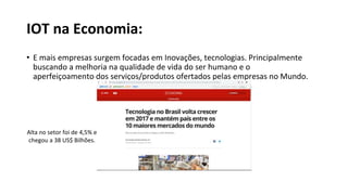 IOT na Economia:
• E mais empresas surgem focadas em Inovações, tecnologias. Principalmente
buscando a melhoria na qualidade de vida do ser humano e o
aperfeiçoamento dos serviços/produtos ofertados pelas empresas no Mundo.
Alta no setor foi de 4,5% e
chegou a 38 US$ Bilhões.
 