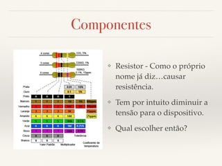 Componentes 
❖ Resistor - Como o próprio 
nome já diz…causar 
resistência. 
❖ Tem por intuito diminuir a 
tensão para o dispositivo. 
❖ Qual escolher então? 
 