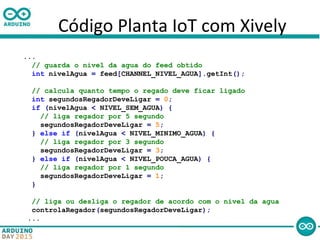 Código Planta IoT com Xively
...
// guarda o nivel da agua do feed obtido
int nivelAgua = feed[CHANNEL_NIVEL_AGUA].getInt();
// calcula quanto tempo o regado deve ficar ligado
int segundosRegadorDeveLigar = 0;
if (nivelAgua < NIVEL_SEM_AGUA) {
// liga regador por 5 segundo
segundosRegadorDeveLigar = 5;
} else if (nivelAgua < NIVEL_MINIMO_AGUA) {
// liga regador por 3 segundo
segundosRegadorDeveLigar = 3;
} else if (nivelAgua < NIVEL_POUCA_AGUA) {
// liga regador por 1 segundo
segundosRegadorDeveLigar = 1;
}
// liga ou desliga o regador de acordo com o nivel da agua
controlaRegador(segundosRegadorDeveLigar);
...
 