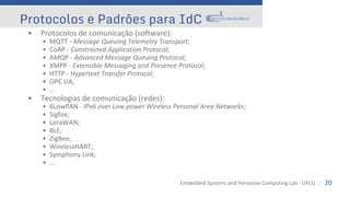 Embedded Systems and Pervasive Computing Lab - UFCG :: 20
Protocolos e Padrões para IdC
• Protocolos de comunicação (software):
• MQTT - Message Queuing Telemetry Transport;
• CoAP - Constrained Application Protocol;
• AMQP - Advanced Message Queuing Protocol;
• XMPP - Extensible Messaging and Presence Protocol;
• HTTP - Hypertext Transfer Protocol;
• OPC UA;
• ...
• Tecnologias de comunicação (redes):
• 6LowPAN - IPv6 over Low power Wireless Personal Area Networks;
• Sigfox;
• LoraWAN;
• BLE;
• ZigBee;
• WirelessHART;
• Symphony Link;
• ...
 