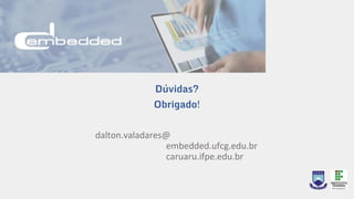 Angelo Perkusich, D.Sc.
Full Professor, CEO
angelo.perkusich@embedded.ufcg.edu.br
+55 83 8811.9545
Hyggo Almeida, D.Sc.
Full Professor, CTO
Hyggo.almeida@embedded.ufcg.edu.br
+55 83 8875.1894
Contact Information
Obrigado!
Dúvidas?
Obrigado!
dalton.valadares@
embedded.ufcg.edu.br
caruaru.ifpe.edu.br
 
