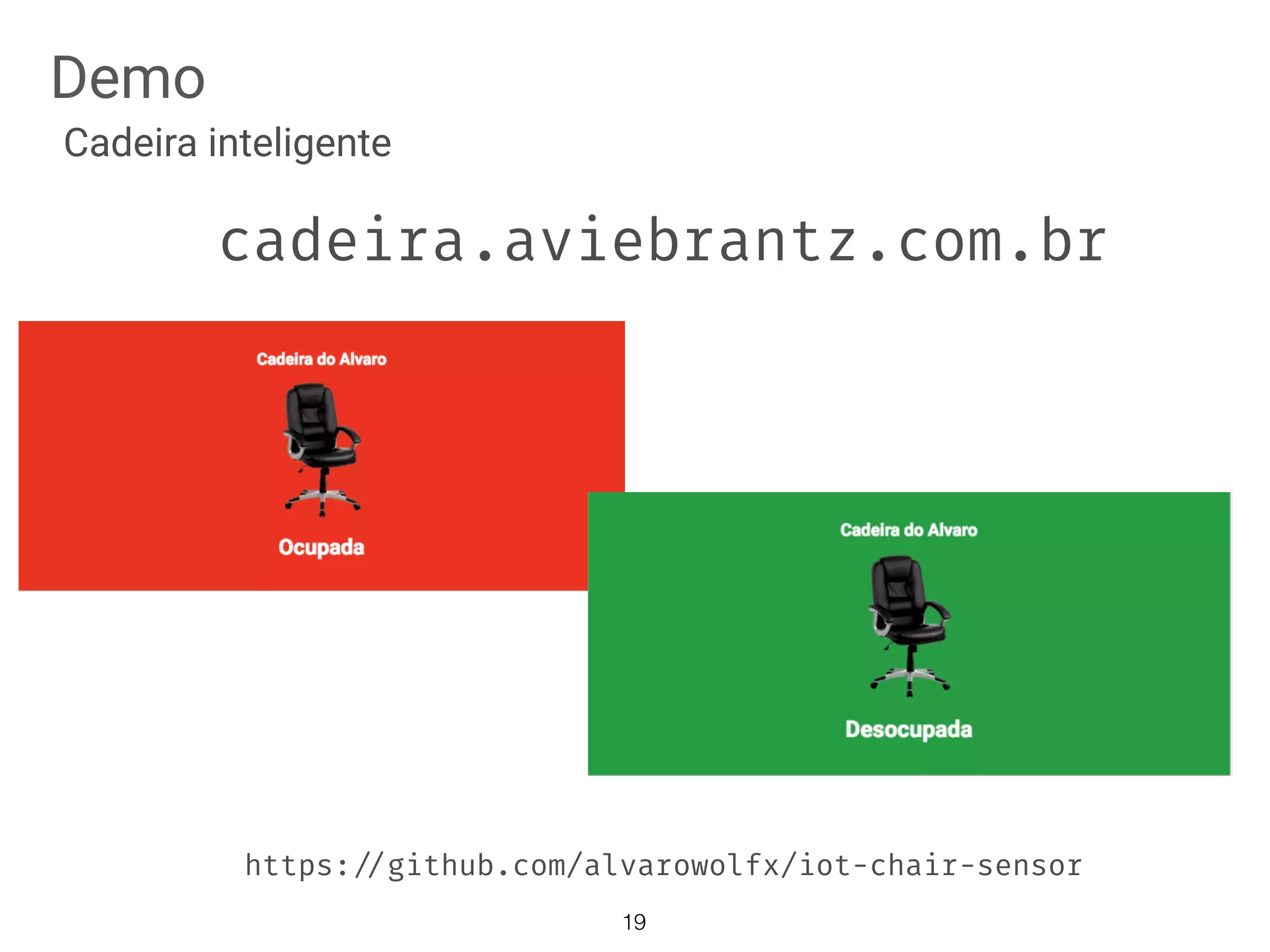 Demo
Cadeira inteligente
cadeira.aviebrantz.com.br
https://github.com/alvarowolfx/iot-chair-sensor
19
 