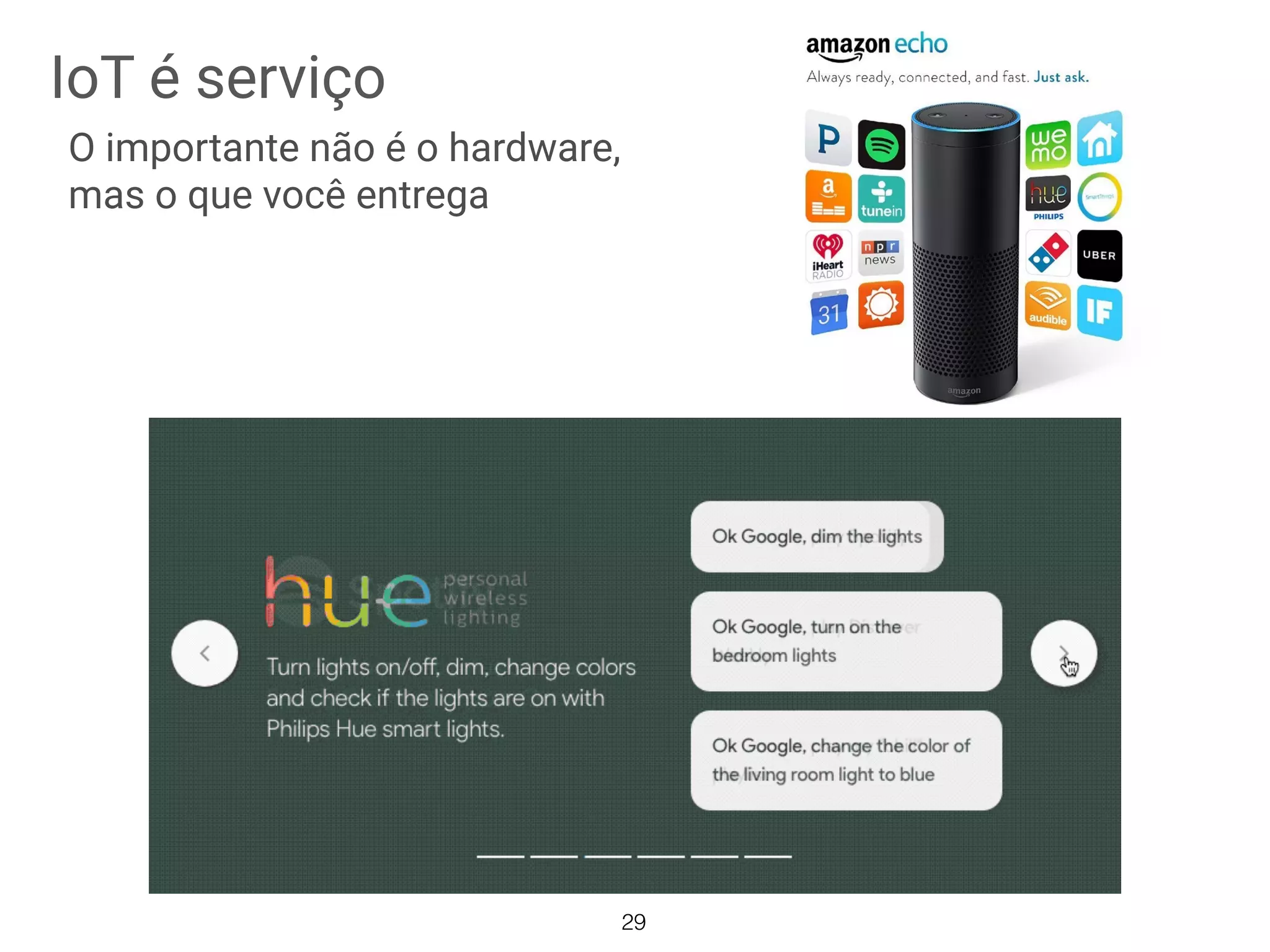 IoT é serviço
O importante não é o hardware,
mas o que você entrega
29
 