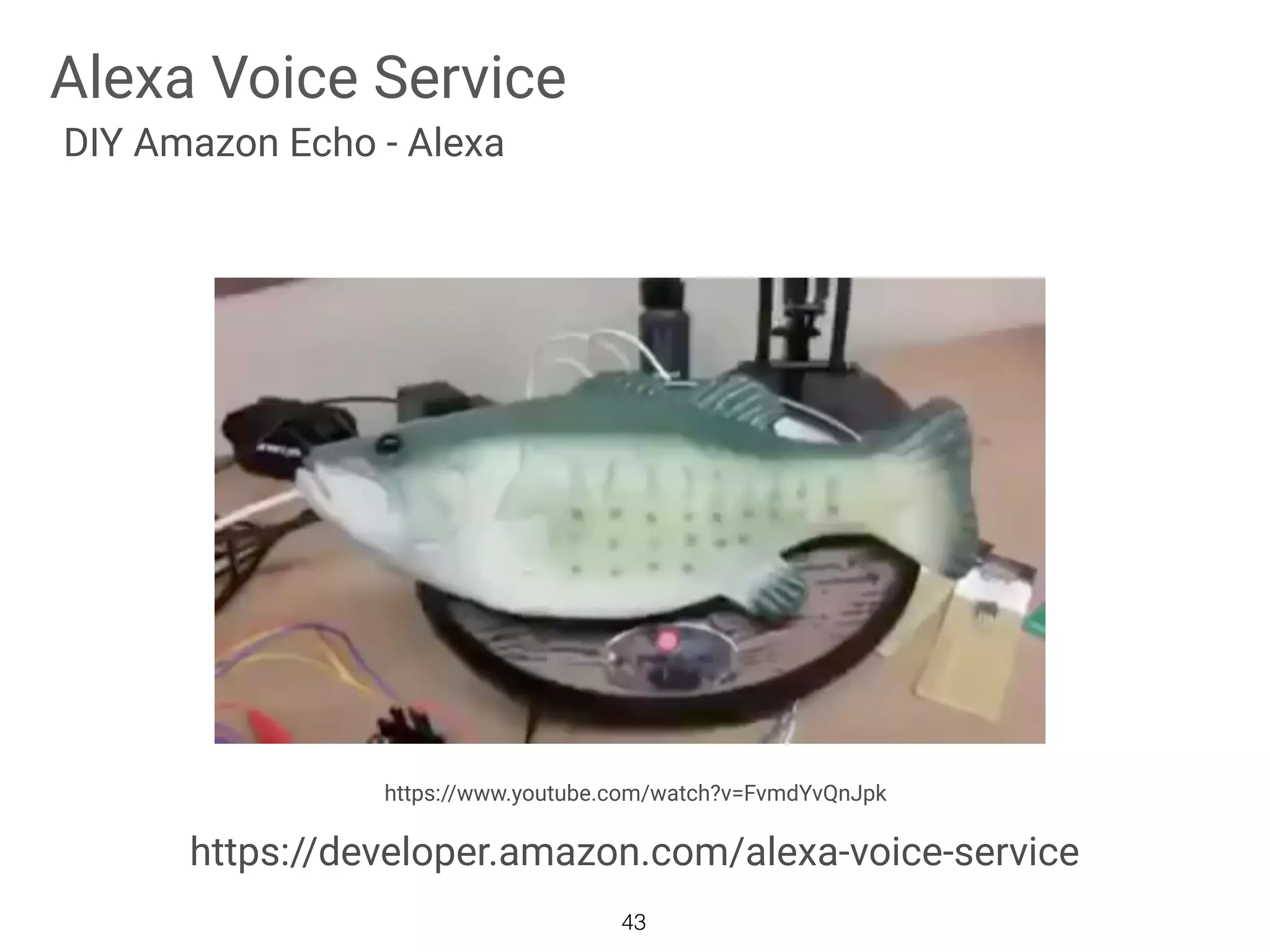 Alexa Voice Service
43
DIY Amazon Echo - Alexa
https://www.youtube.com/watch?v=FvmdYvQnJpk
https://developer.amazon.com/alexa-voice-service
 