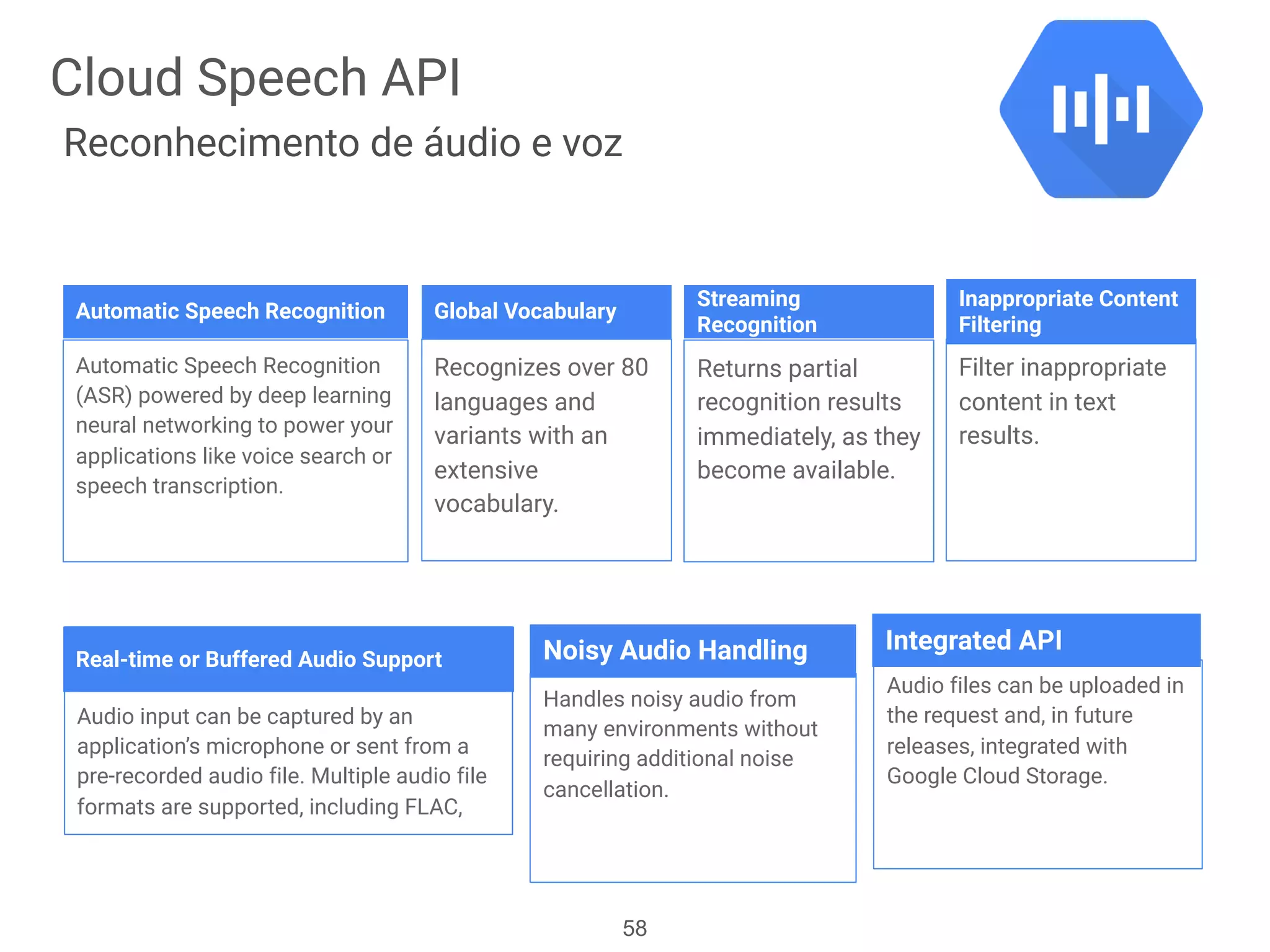 Automatic Speech Recognition
(ASR) powered by deep learning
neural networking to power your
applications like voice search or
speech transcription.
Recognizes over 80
languages and
variants with an
extensive
vocabulary.
Returns partial
recognition results
immediately, as they
become available.
Filter inappropriate
content in text
results.
Audio input can be captured by an
application’s microphone or sent from a
pre-recorded audio file. Multiple audio file
formats are supported, including FLAC,
Handles noisy audio from
many environments without
requiring additional noise
cancellation.
Audio files can be uploaded in
the request and, in future
releases, integrated with
Google Cloud Storage.
Automatic Speech Recognition Global Vocabulary
Inappropriate Content
Filtering
Streaming
Recognition
Real-time or Buffered Audio Support Noisy Audio Handling Integrated API
58
Cloud Speech API
Reconhecimento de áudio e voz
 