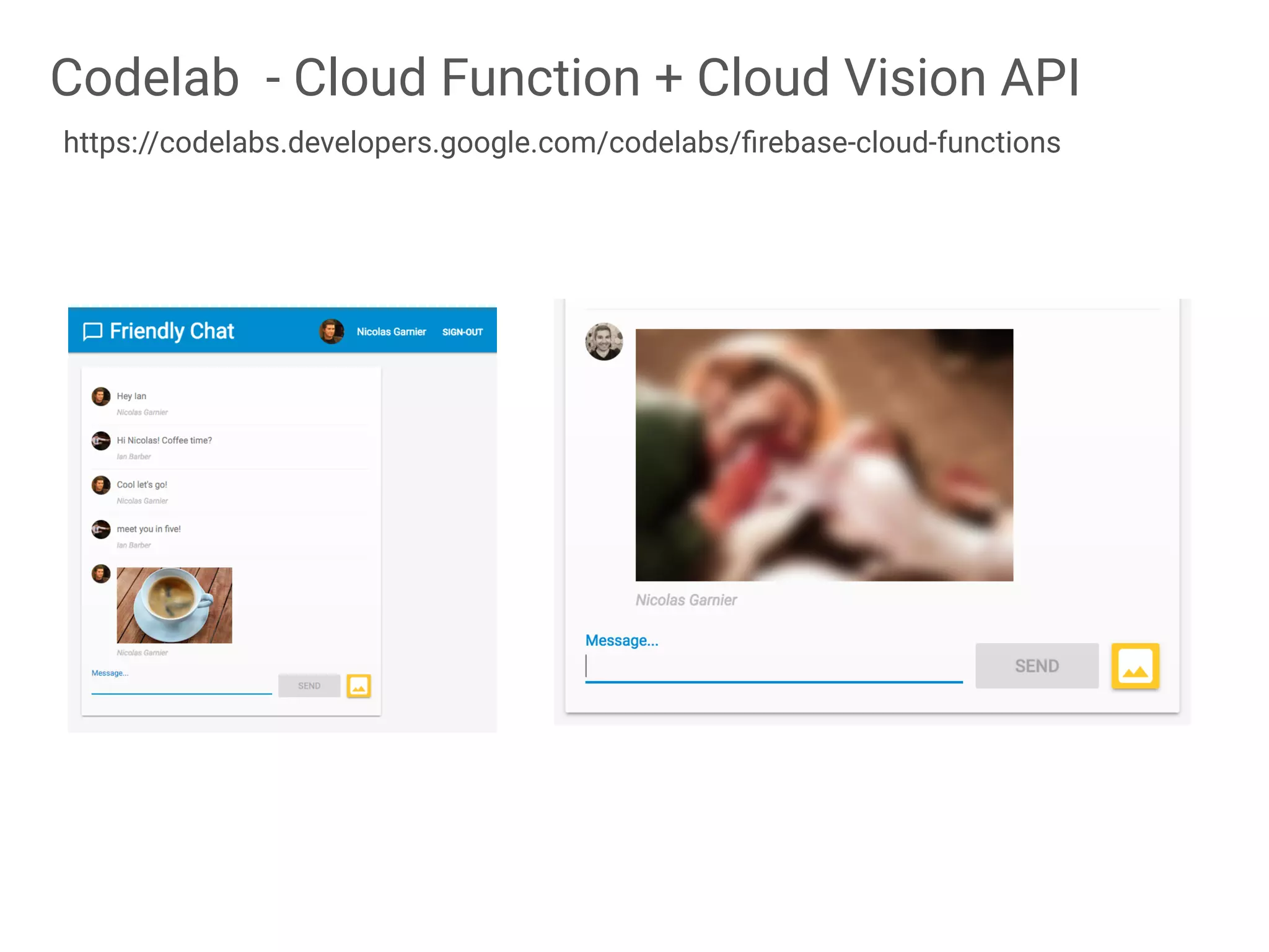 Codelab - Cloud Function + Cloud Vision API
https://codelabs.developers.google.com/codelabs/ﬁrebase-cloud-functions
 
