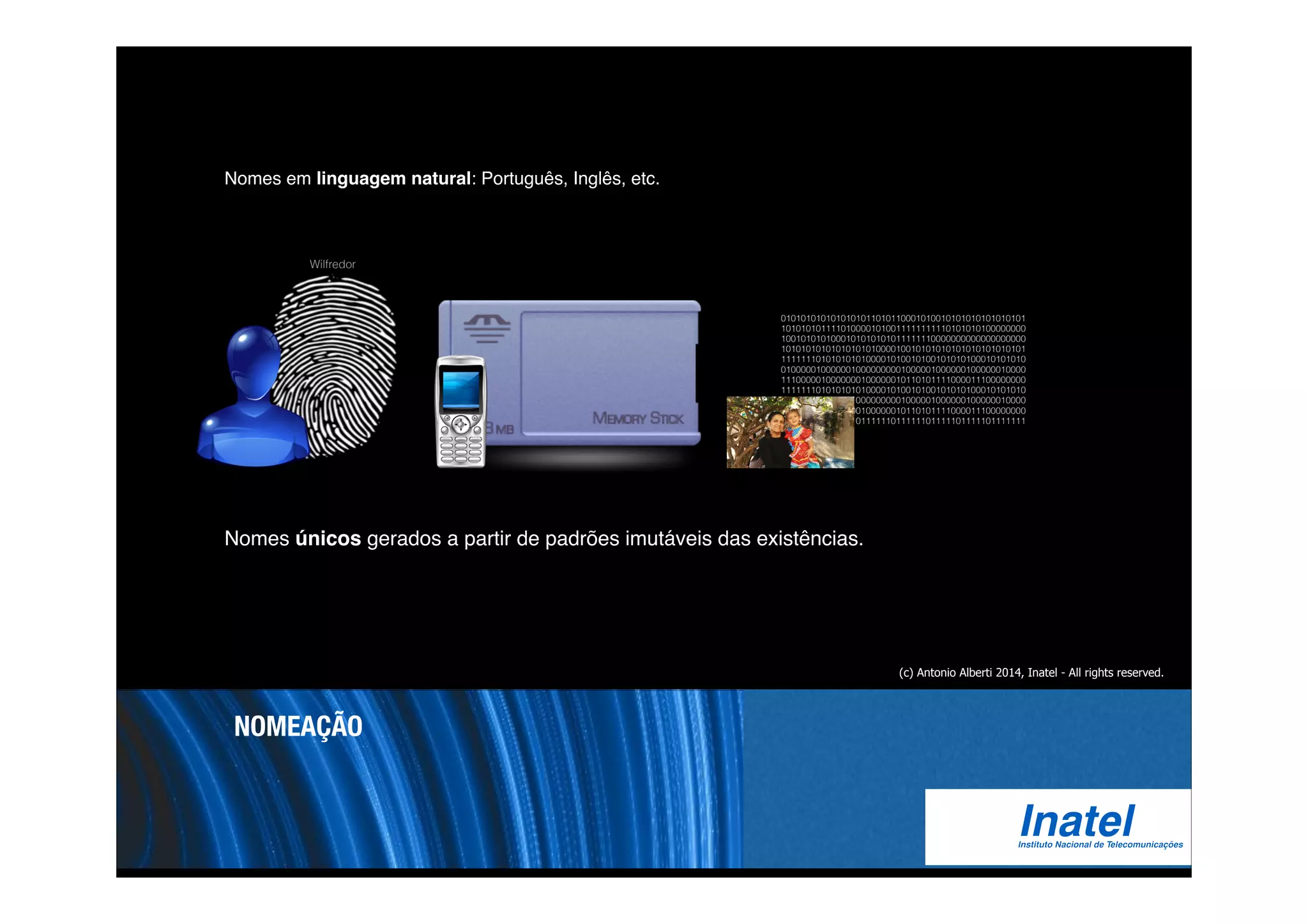Nomes em linguagem natural: Português, Inglês, etc. 
Wilfredor 
Nomes únicos gerados a partir de padrões imutáveis das existências. 
NOMEAÇÃO 
0101010101010101011010110001010010101010101010101 
1010101011110100001010011111111110101010100000000 
1001010101000101010101011111110000000000000000000 
1010101010101010101000010010101010101010101010101 
1111111010101010100001010010100101010100010101010 
0100000100000010000000001000001000000100000010000 
1110000010000000100000010110101111000011100000000 
1111111010101010100001010010100101010100010101010 
0100000100000010000000001000001000000100000010000 
1110000010000000100000010110101111000011100000000 
1111111101111110111111011111101111101111101111111 
(c) Antonio Alberti 2014, Inatel - All rights reserved. 
 