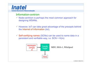 Information-centrism 
ü Node-centrism is perhaps the most common approach for 
designing WSANs. 
© Antônio M. Alberti 2013 
! 
ü However, IoT can take great advantage of the precepts behind 
the Internet of Information (IoI). 
! 
ü Self-certifying names (SCNs) can be used to name data in a 
persistent and verifiable way, i.e. SCN = H(m) 
mensagem 
(longa) 
m 
função 
“Hash” 
H(m) 
MD5, SHA-1, Whirlpool 
 