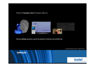 Nomes em linguagem natural: Português, Inglês, etc. 
Wilfredor 
Nomes únicos gerados a partir de padrões imutáveis das existências. 
NOMEAÇÃO 
0101010101010101011010110001010010101010101010101 
1010101011110100001010011111111110101010100000000 
1001010101000101010101011111110000000000000000000 
1010101010101010101000010010101010101010101010101 
1111111010101010100001010010100101010100010101010 
0100000100000010000000001000001000000100000010000 
1110000010000000100000010110101111000011100000000 
1111111010101010100001010010100101010100010101010 
0100000100000010000000001000001000000100000010000 
1110000010000000100000010110101111000011100000000 
1111111101111110111111011111101111101111101111111 
(c) Antonio Alberti 2014, Inatel - All rights reserved. 
 